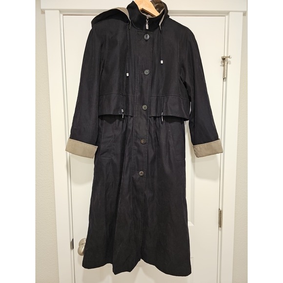 Fleet Street Trench Coat Duster Women's Size 8 Petite Black With Removable Hood - Picture 1 of 9